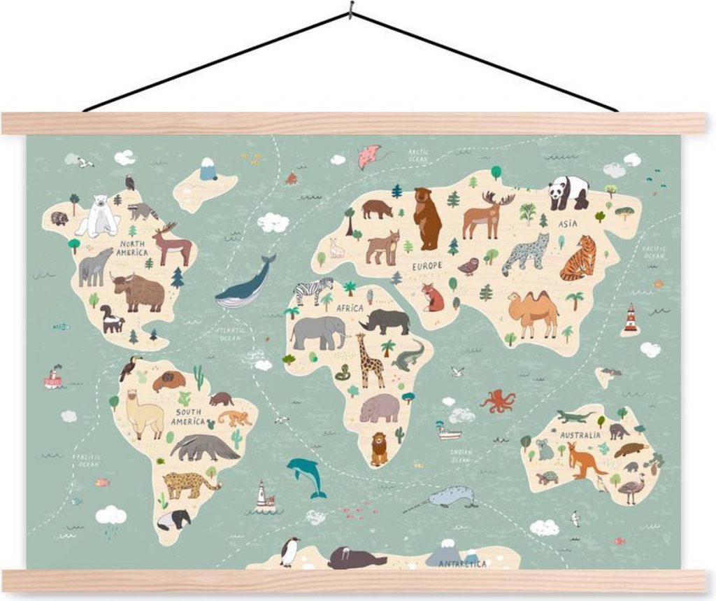 Wereldkaart voor kinderen met dieren